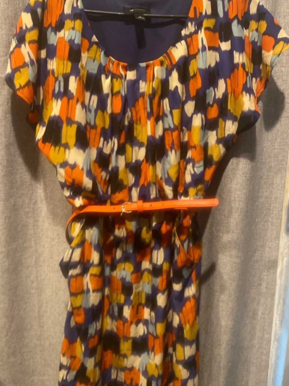 AB Studio Navy Multicolor Abstract Print Dress with Orange Belt Accent